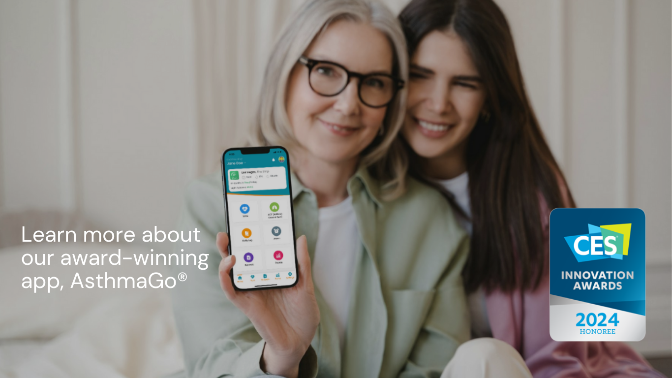 A woman holds her phone out, proudly displaying CMI Health's AsthmaGo app.