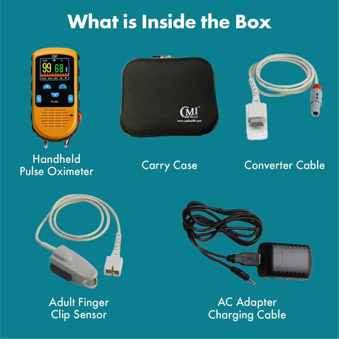 What is in the Box - CMI Health PC-66L Handheld Pulse Oximeter, Carrying Case, Charger, Continuous Infant Monitoring Foot Wrap Sensor, Adult Spot Checking Sensor, and Converter Cable