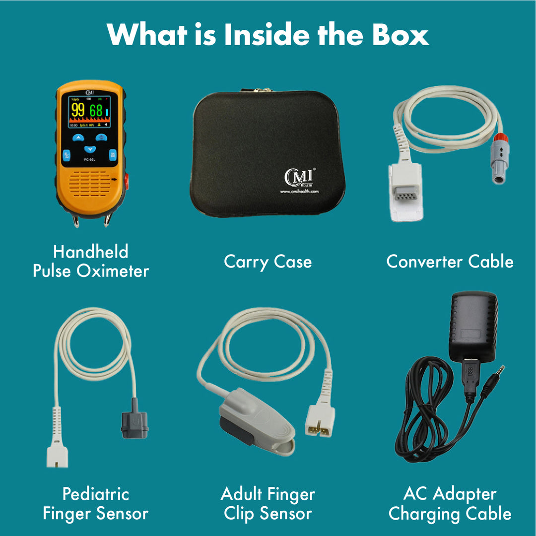 What is in the box - CMI Health PC-66L Children's Handheld Pulse Oximeter, Carrying Case, Charger, Sensor, Converter Cable, and Pediatric Silicone Finger Sensor 