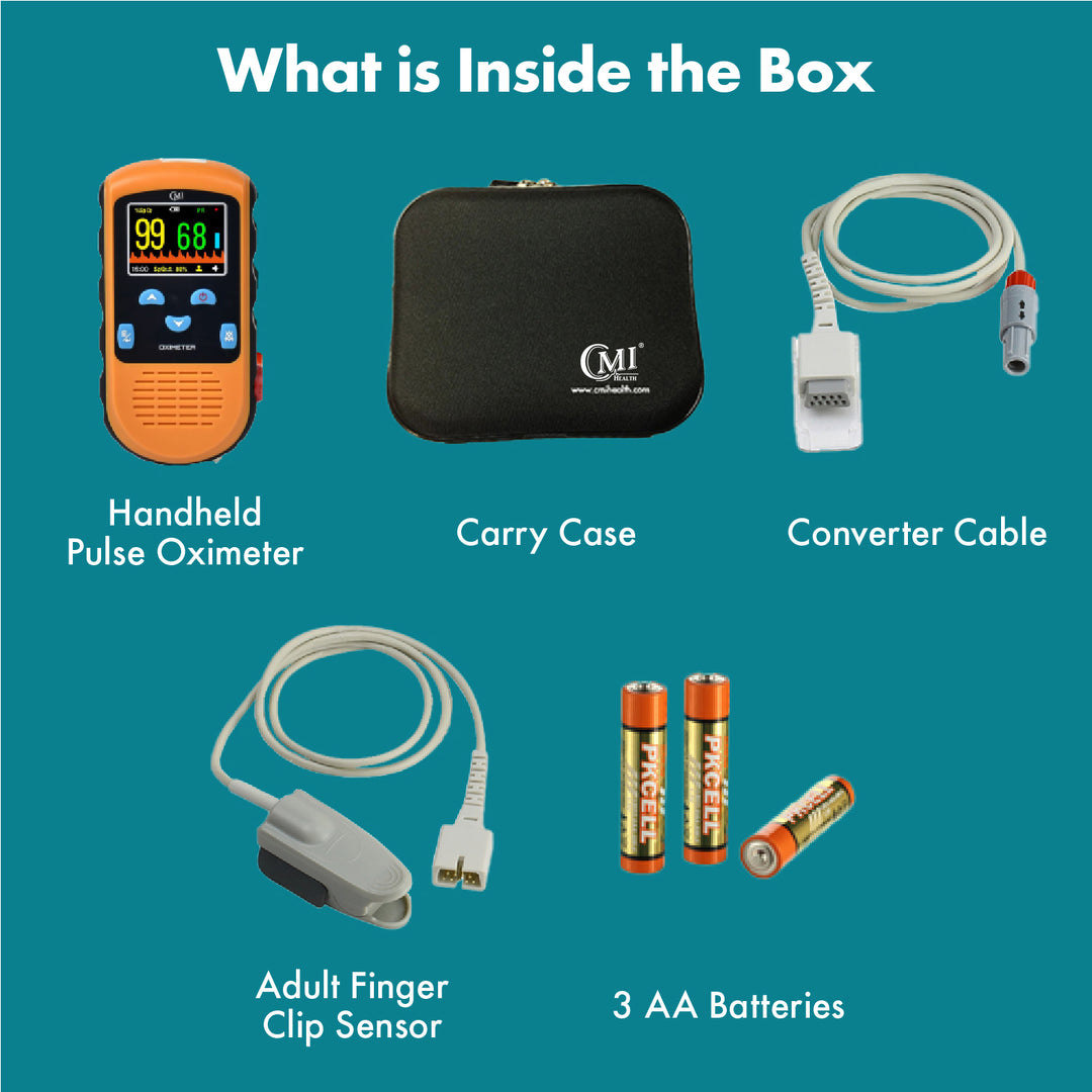 What is in the box - CMI Health PC66H Handheld Pulse Oximeter, Carrying Case, Finger Sensor, and Converter Cable, 3 AA Batteries 